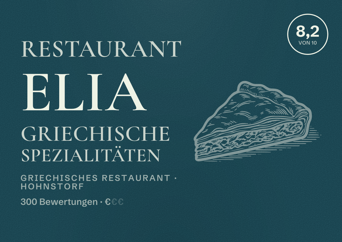 Illustriertes Poster von Restaurant Elia Griechische Spezialitäten, Griechisches Restaurant in Hohnstorf: Bewertung 8,2 von 10 aus 300 Bewertungen, Preisniveau €