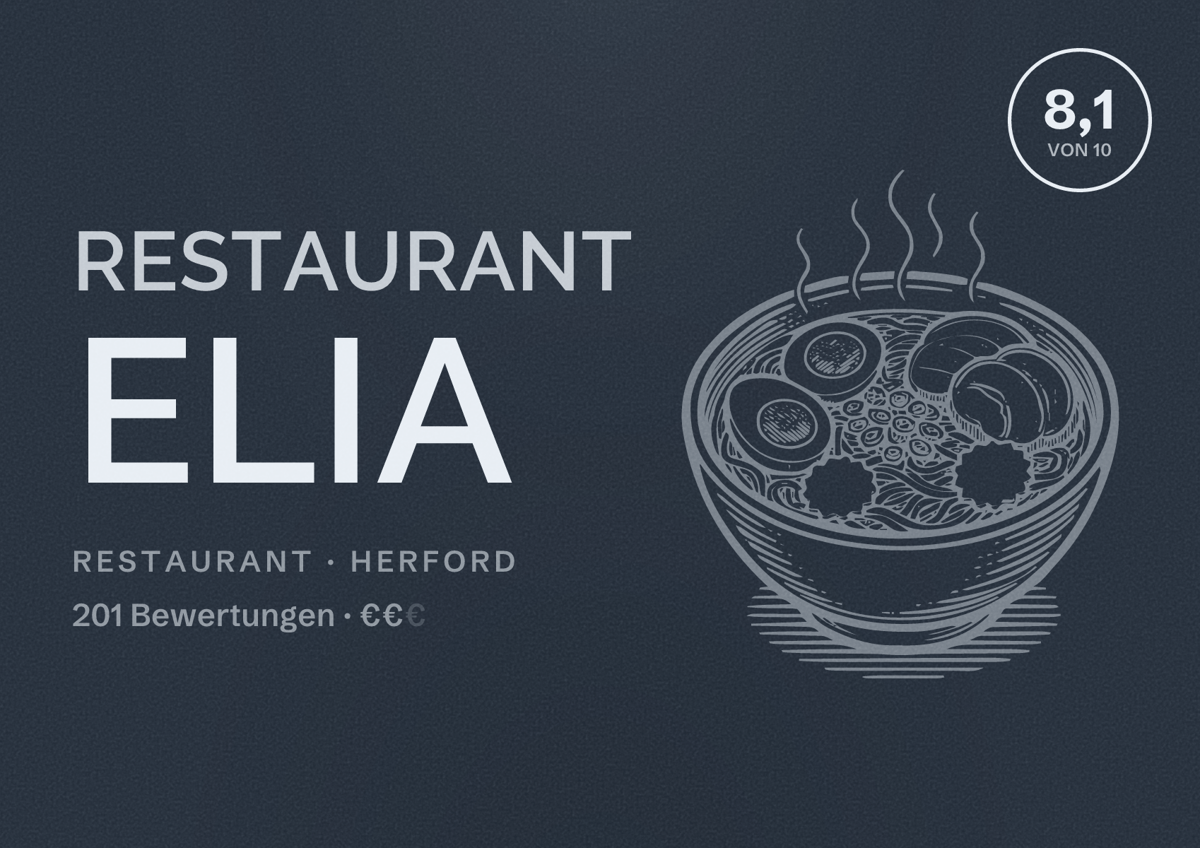 Illustriertes Poster von Restaurant Elia, Restaurant in Herford: Bewertung 8,1 von 10 aus 201 Bewertungen, Preisniveau €€