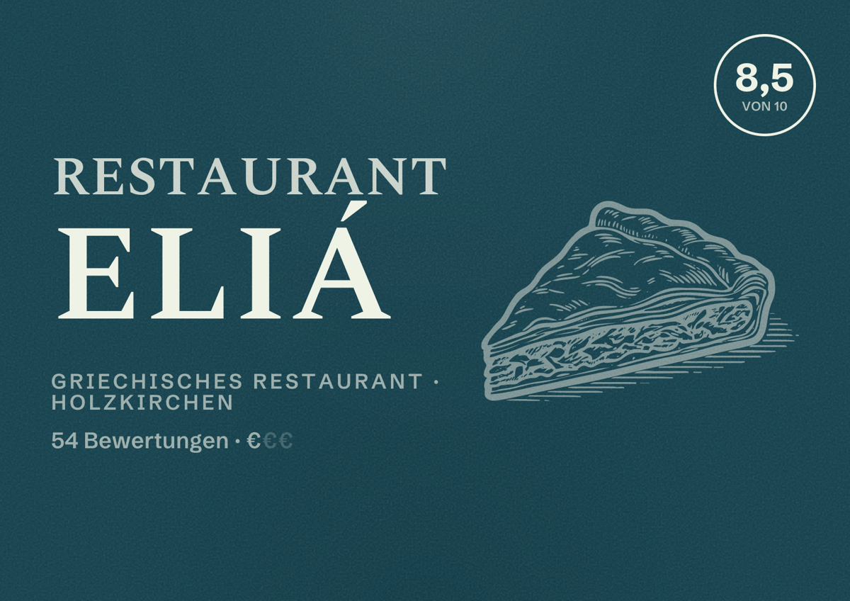 Illustriertes Poster von Restaurant Eliá, Griechisches Restaurant in Holzkirchen: Bewertung 8,5 von 10 aus 54 Bewertungen, Preisniveau €