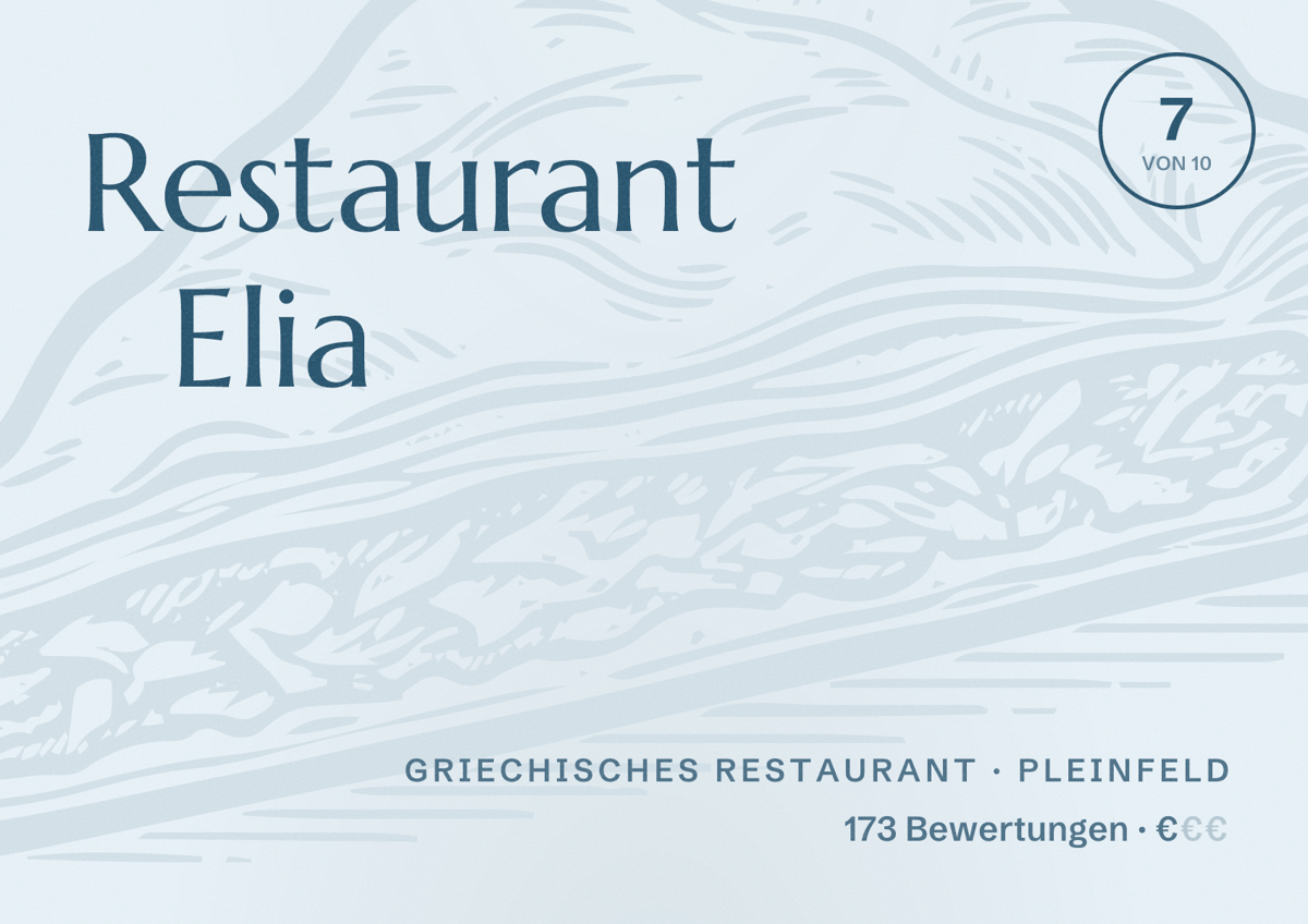 Illustriertes Poster von Restaurant Elia, Griechisches Restaurant in Pleinfeld: Bewertung 7 von 10 aus 173 Bewertungen, Preisniveau €