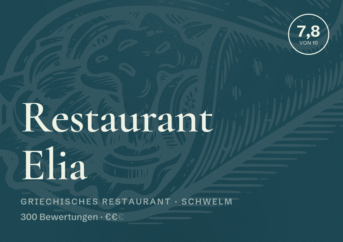 Illustriertes Poster von Restaurant Elia, Griechisches Restaurant in Schwelm: Bewertung 7,8 von 10 aus 300 Bewertungen, Preisniveau €€