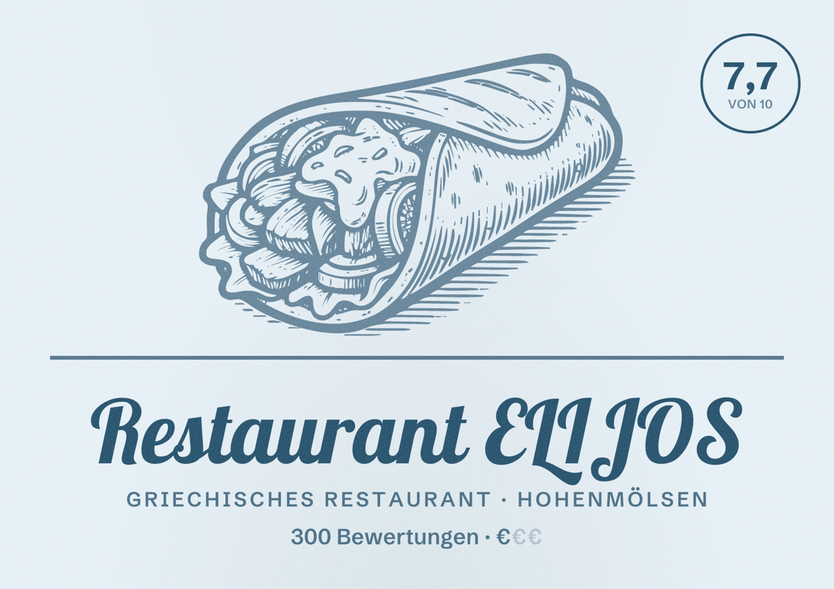 Illustriertes Poster von Restaurant ELIJOS, Griechisches Restaurant in Hohenmölsen: Bewertung 7,7 von 10 aus 300 Bewertungen, Preisniveau €