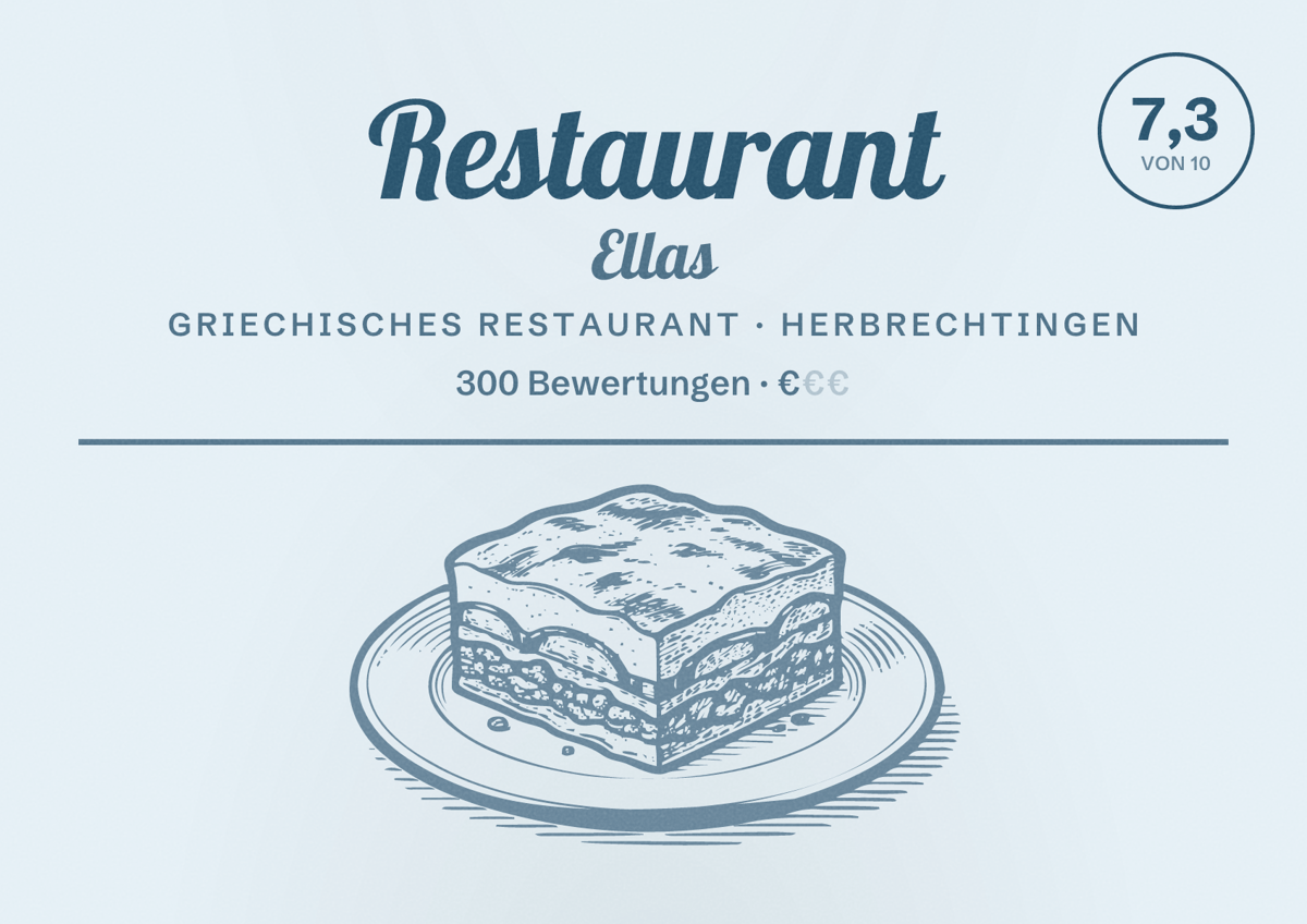 Illustriertes Poster von Restaurant Ellas, Griechisches Restaurant in Herbrechtingen: Bewertung 7,3 von 10 aus 300 Bewertungen, Preisniveau €