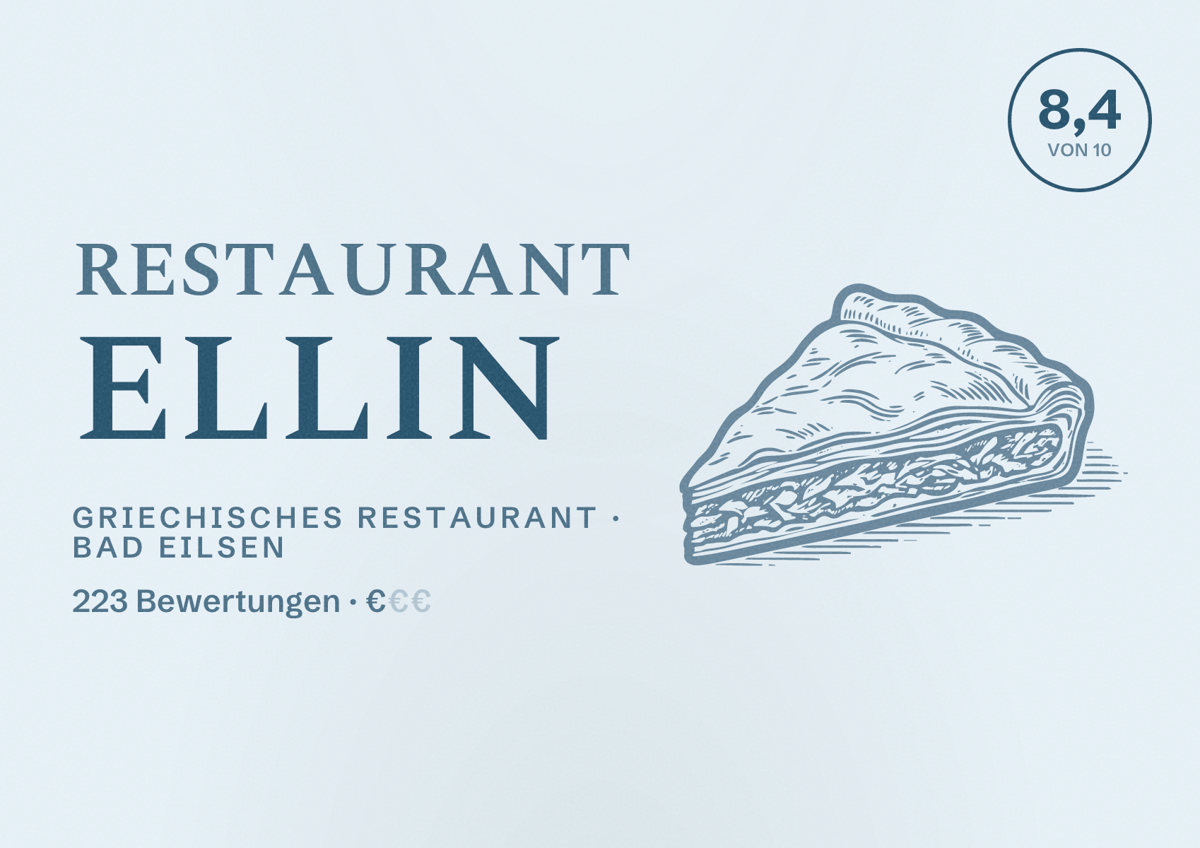 Illustriertes Poster von Restaurant ELLIN, Griechisches Restaurant in Bad Eilsen: Bewertung 8,4 von 10 aus 223 Bewertungen, Preisniveau €