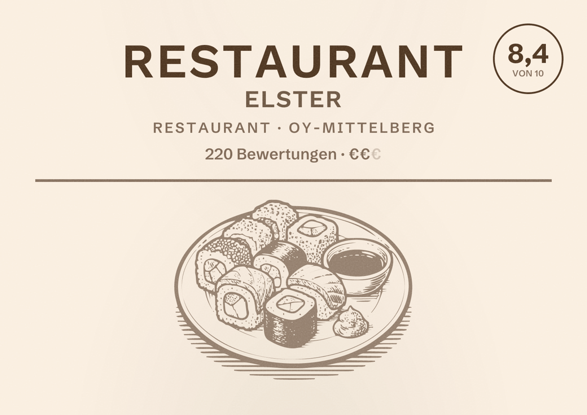 Illustriertes Poster von Restaurant Elster, Restaurant in Oy-Mittelberg: Bewertung 8,4 von 10 aus 220 Bewertungen, Preisniveau €€