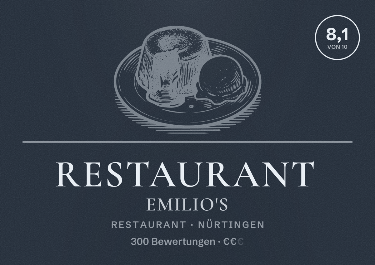 Illustriertes Poster von Restaurant Emilio's, Restaurant in Nürtingen: Bewertung 8,1 von 10 aus 300 Bewertungen, Preisniveau €€