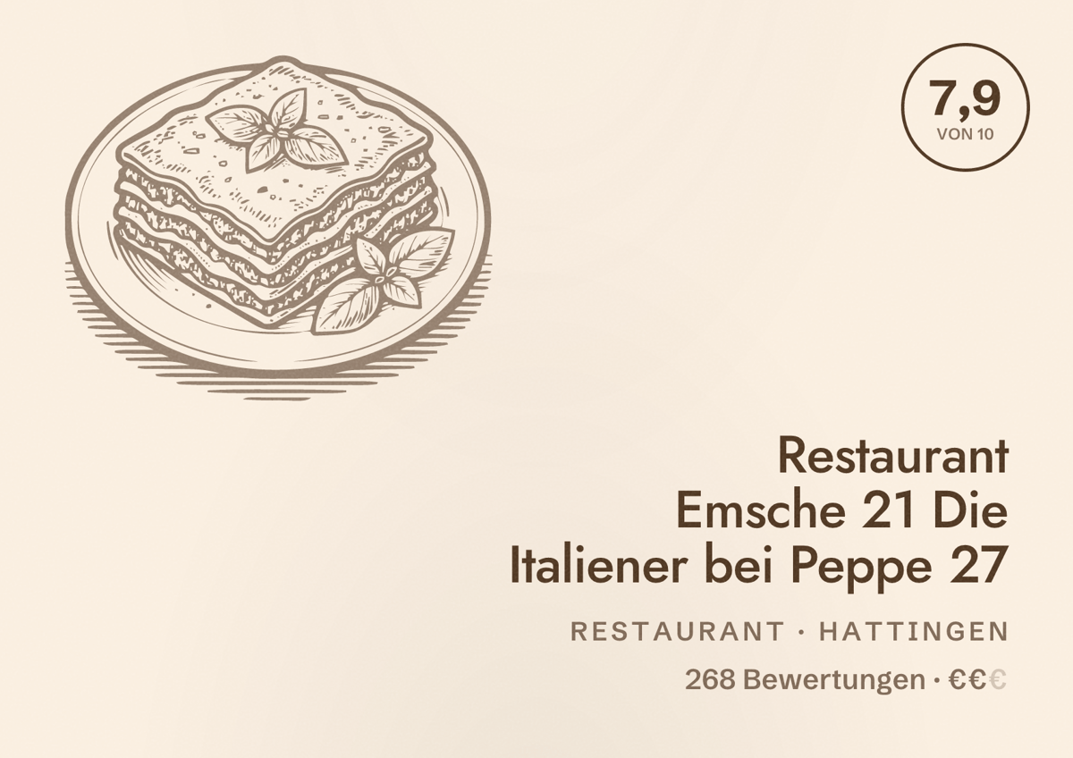 Illustriertes Poster von Restaurant Emsche 21 Die Italiener bei Peppe 27, Restaurant in Hattingen: Bewertung 7,9 von 10 aus 268 Bewertungen, Preisniveau €€