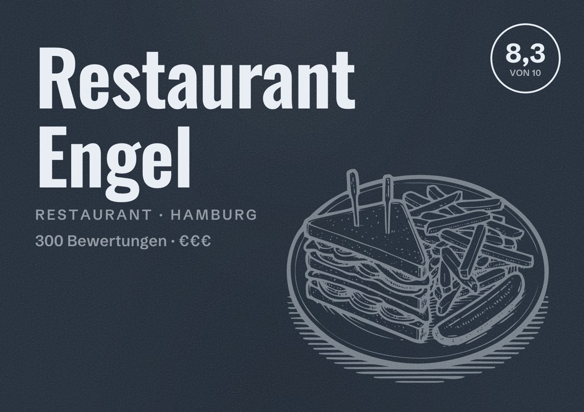 Illustriertes Poster von Restaurant Engel, Restaurant in Hamburg: Bewertung 8,3 von 10 aus 300 Bewertungen, Preisniveau €€€