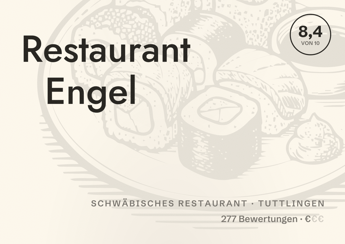 Illustriertes Poster von Restaurant Engel, Schwäbisches Restaurant in Tuttlingen: Bewertung 8,4 von 10 aus 277 Bewertungen, Preisniveau €