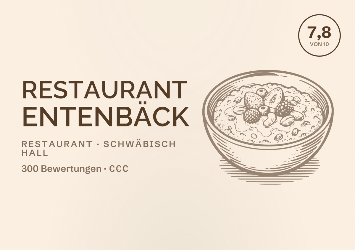Illustriertes Poster von Restaurant Entenbäck, Restaurant in Schwäbisch Hall: Bewertung 7,8 von 10 aus 300 Bewertungen, Preisniveau €€€