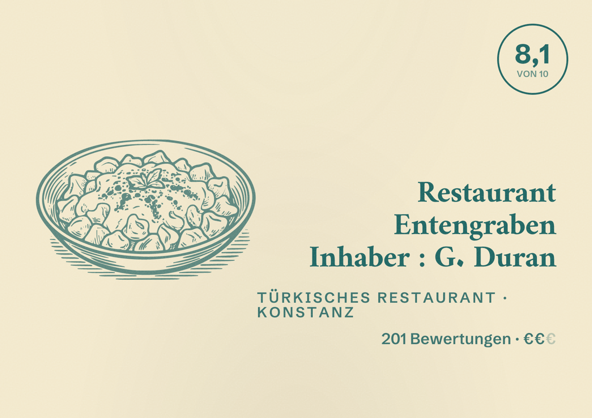 Illustriertes Poster von Restaurant Entengraben Inhaber : G. Duran, Türkisches Restaurant in Konstanz: Bewertung 8,1 von 10 aus 201 Bewertungen, Preisniveau €€