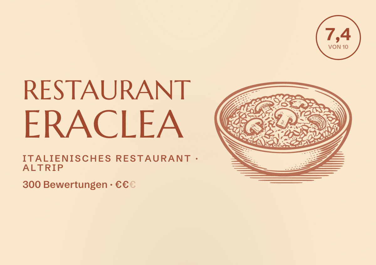Illustriertes Poster von Restaurant Eraclea, Italienisches Restaurant in Altrip: Bewertung 7,4 von 10 aus 300 Bewertungen, Preisniveau €€