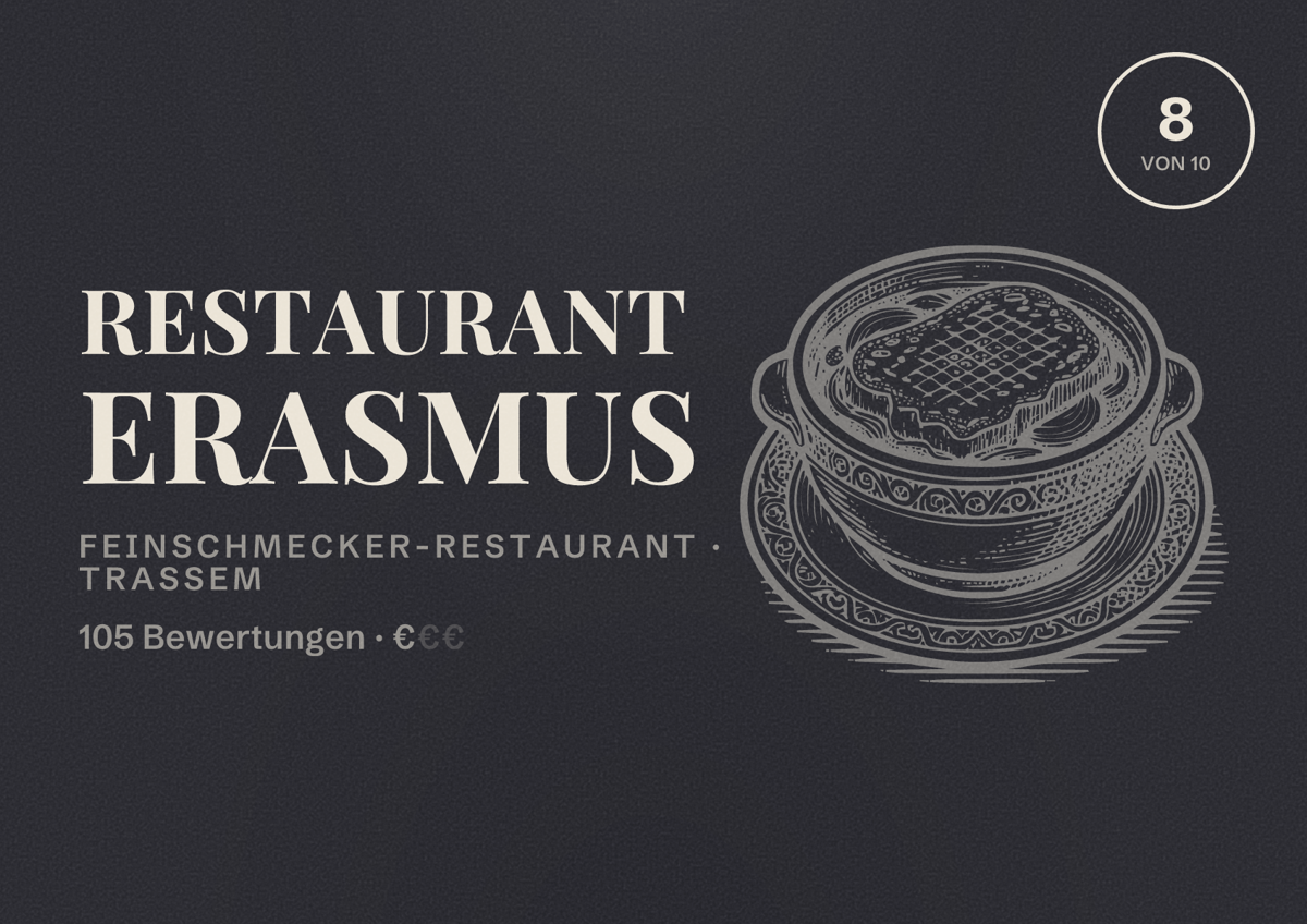 Illustriertes Poster von Restaurant Erasmus, Feinschmecker-Restaurant in Trassem: Bewertung 8 von 10 aus 105 Bewertungen, Preisniveau €