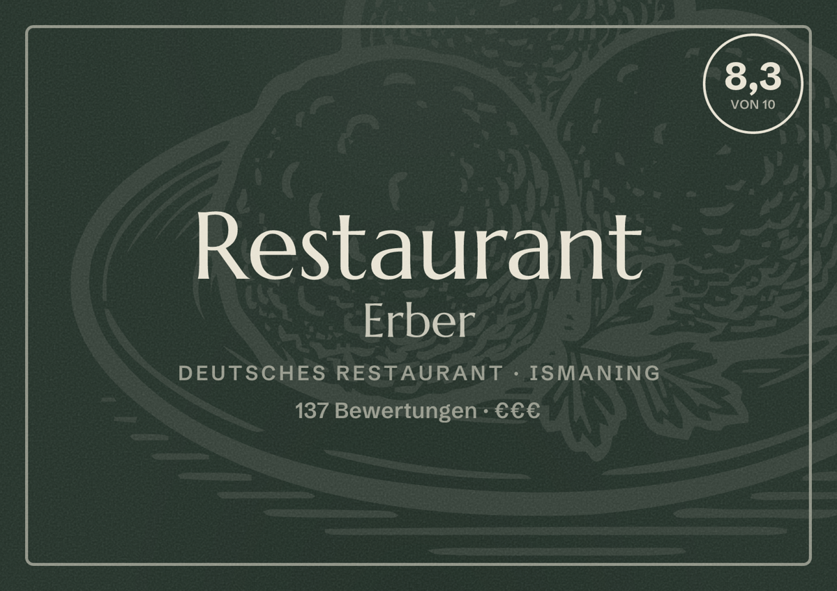 Illustriertes Poster von Restaurant Erber, Deutsches Restaurant in Ismaning: Bewertung 8,3 von 10 aus 137 Bewertungen, Preisniveau €€€