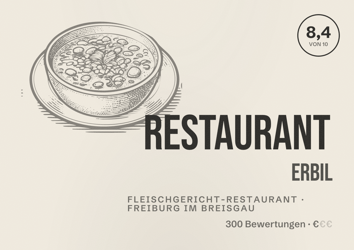 Illustriertes Poster von Restaurant Erbil, Fleischgericht-Restaurant in Freiburg im Breisgau: Bewertung 8,4 von 10 aus 300 Bewertungen, Preisniveau €