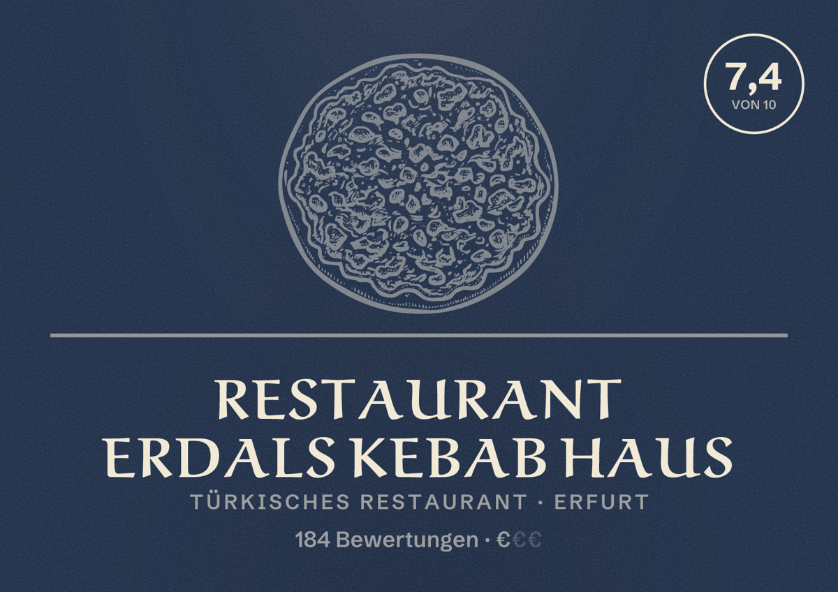 Illustriertes Poster von Restaurant Erdals Kebab Haus, Türkisches Restaurant in Erfurt: Bewertung 7,4 von 10 aus 184 Bewertungen, Preisniveau €