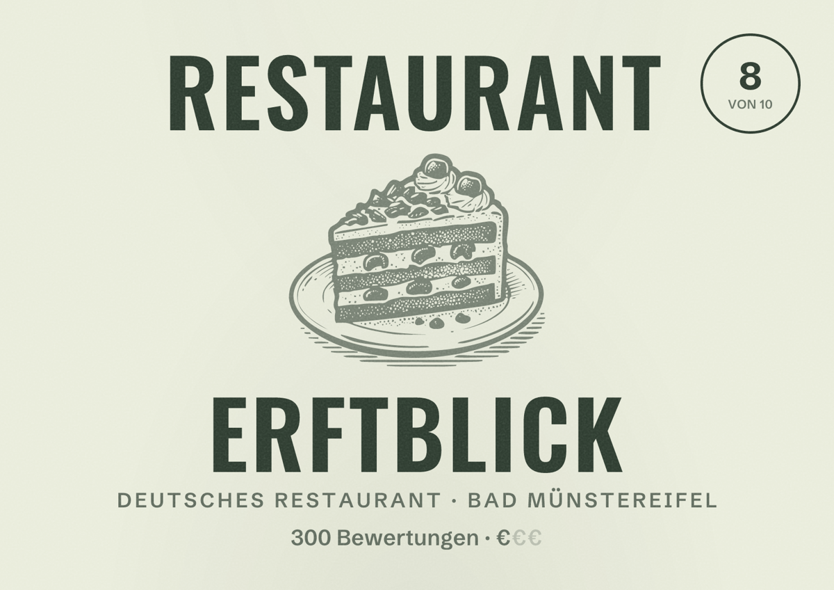Illustriertes Poster von Restaurant Erftblick, Deutsches Restaurant in Bad Münstereifel: Bewertung 8 von 10 aus 300 Bewertungen, Preisniveau €