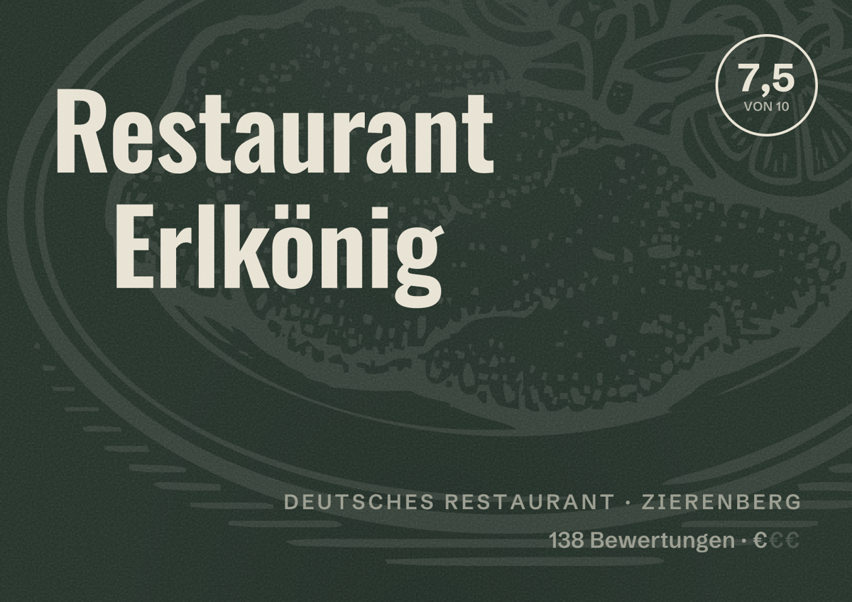 Illustriertes Poster von Restaurant Erlkönig, Deutsches Restaurant in Zierenberg: Bewertung 7,5 von 10 aus 138 Bewertungen, Preisniveau €