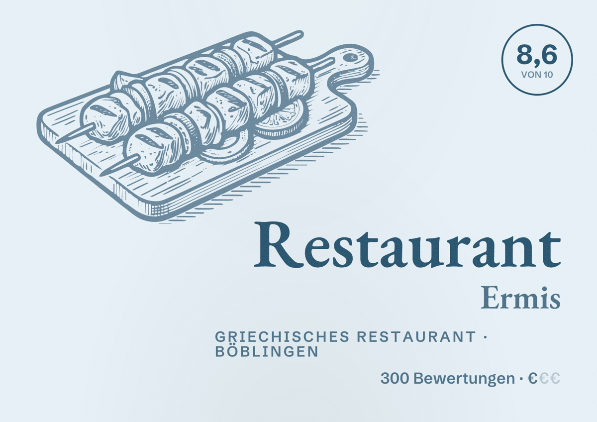 Illustriertes Poster von Restaurant Ermis, Griechisches Restaurant in Böblingen: Bewertung 8,6 von 10 aus 300 Bewertungen, Preisniveau €