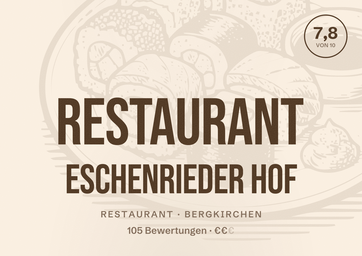 Illustriertes Poster von Restaurant Eschenrieder Hof, Restaurant in Bergkirchen: Bewertung 7,8 von 10 aus 105 Bewertungen, Preisniveau €€