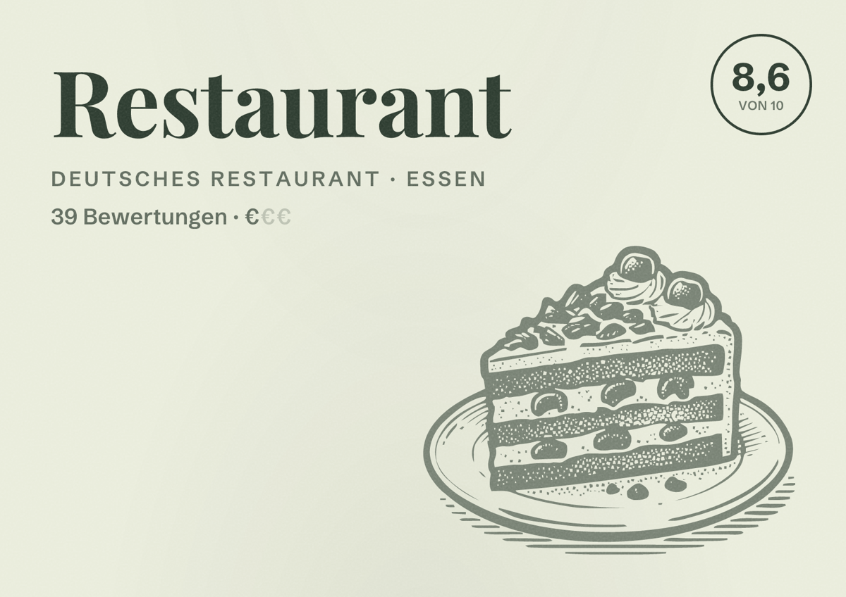 Illustriertes Poster von Restaurant, Deutsches Restaurant in Essen: Bewertung 8,6 von 10 aus 39 Bewertungen, Preisniveau €