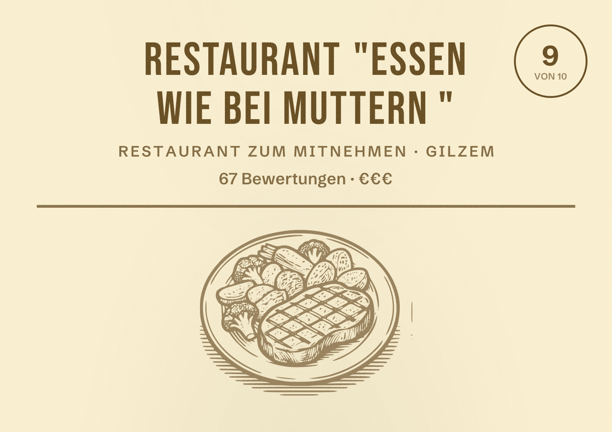Illustriertes Poster von Restaurant "Essen wie bei Muttern ", Restaurant zum Mitnehmen in Gilzem: Bewertung 9 von 10 aus 67 Bewertungen, Preisniveau €€€