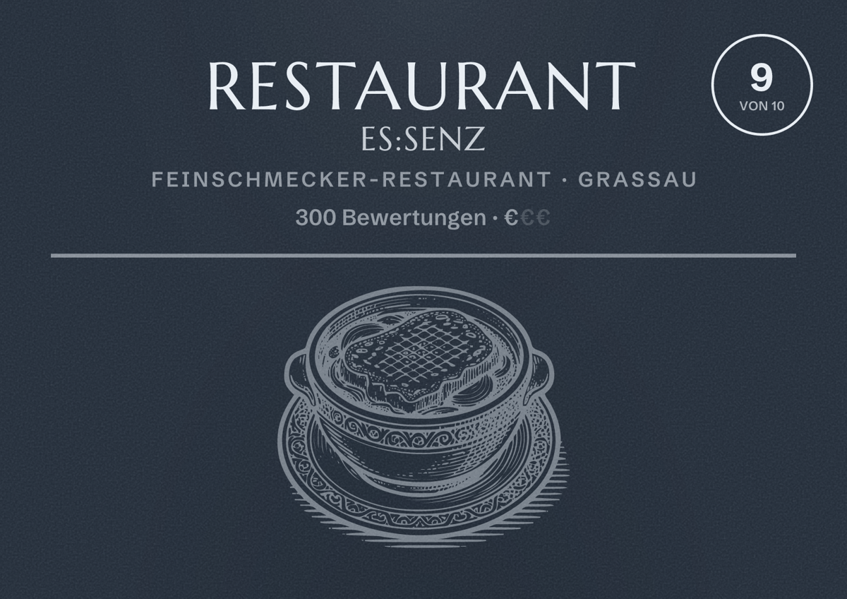 Illustriertes Poster von Restaurant ES:SENZ, Feinschmecker-Restaurant in Grassau: Bewertung 9 von 10 aus 300 Bewertungen, Preisniveau €