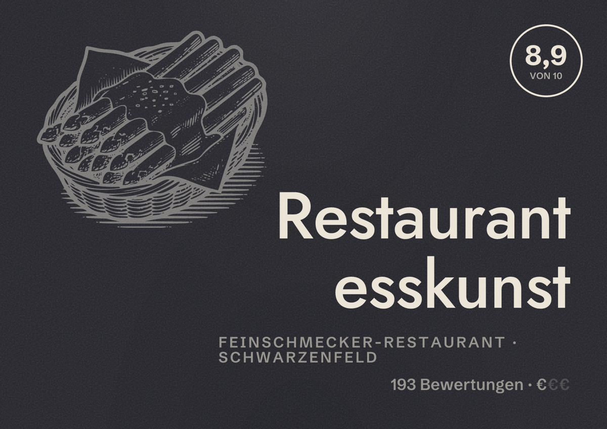 Illustriertes Poster von Restaurant esskunst, Feinschmecker-Restaurant in Schwarzenfeld: Bewertung 8,9 von 10 aus 193 Bewertungen, Preisniveau €