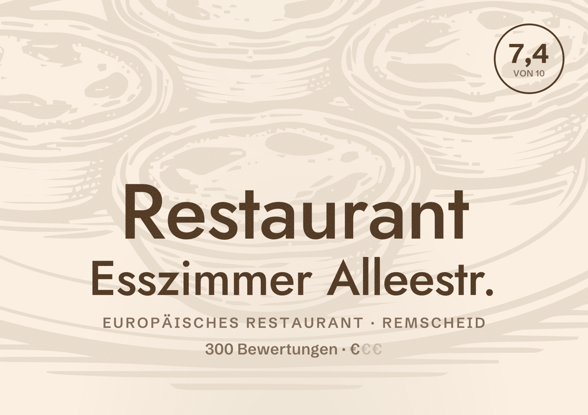 Illustriertes Poster von Restaurant Esszimmer Alleestr., Europäisches Restaurant in Remscheid: Bewertung 7,4 von 10 aus 300 Bewertungen, Preisniveau €