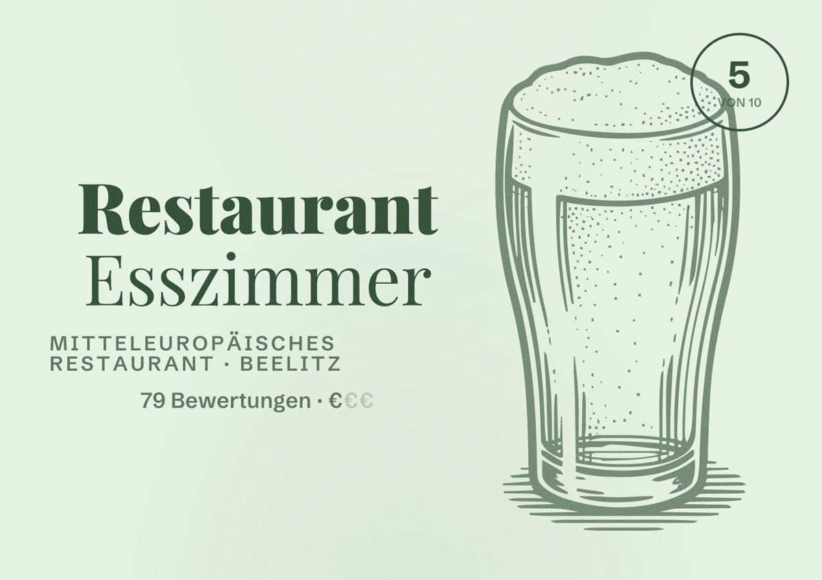 Illustriertes Poster von Restaurant Esszimmer, Mitteleuropäisches Restaurant in Beelitz: Bewertung 5 von 10 aus 79 Bewertungen, Preisniveau €