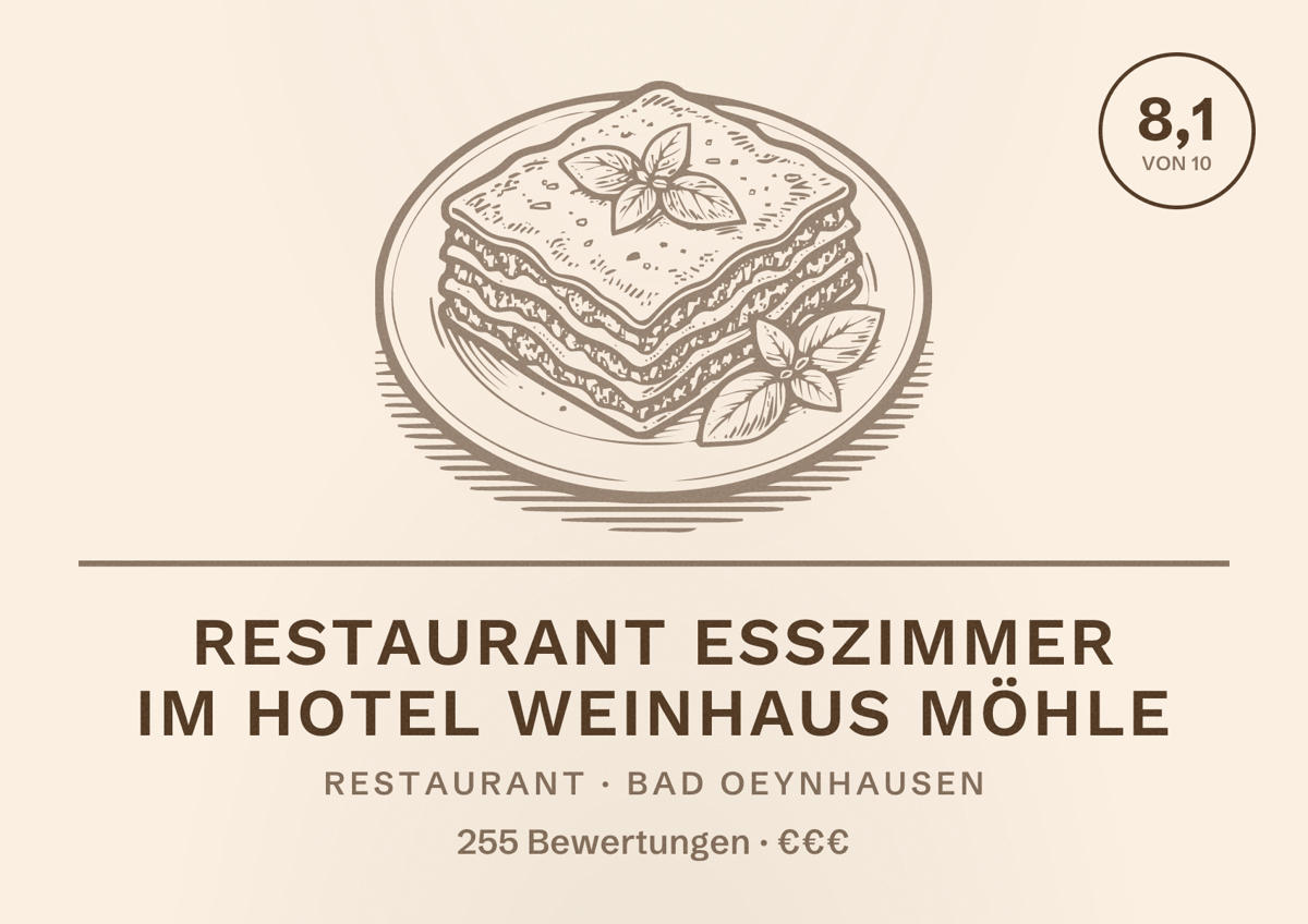 Illustriertes Poster von Restaurant Esszimmer im Hotel Weinhaus Möhle, Restaurant in Bad Oeynhausen: Bewertung 8,1 von 10 aus 255 Bewertungen, Preisniveau €€€
