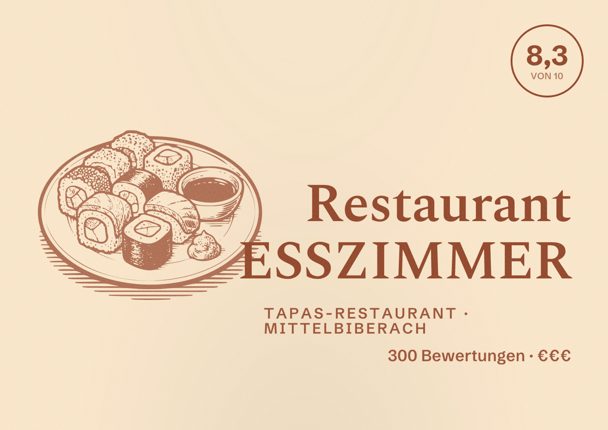 Illustriertes Poster von Restaurant ESSZIMMER, Tapas-Restaurant in Mittelbiberach: Bewertung 8,3 von 10 aus 300 Bewertungen, Preisniveau €€€