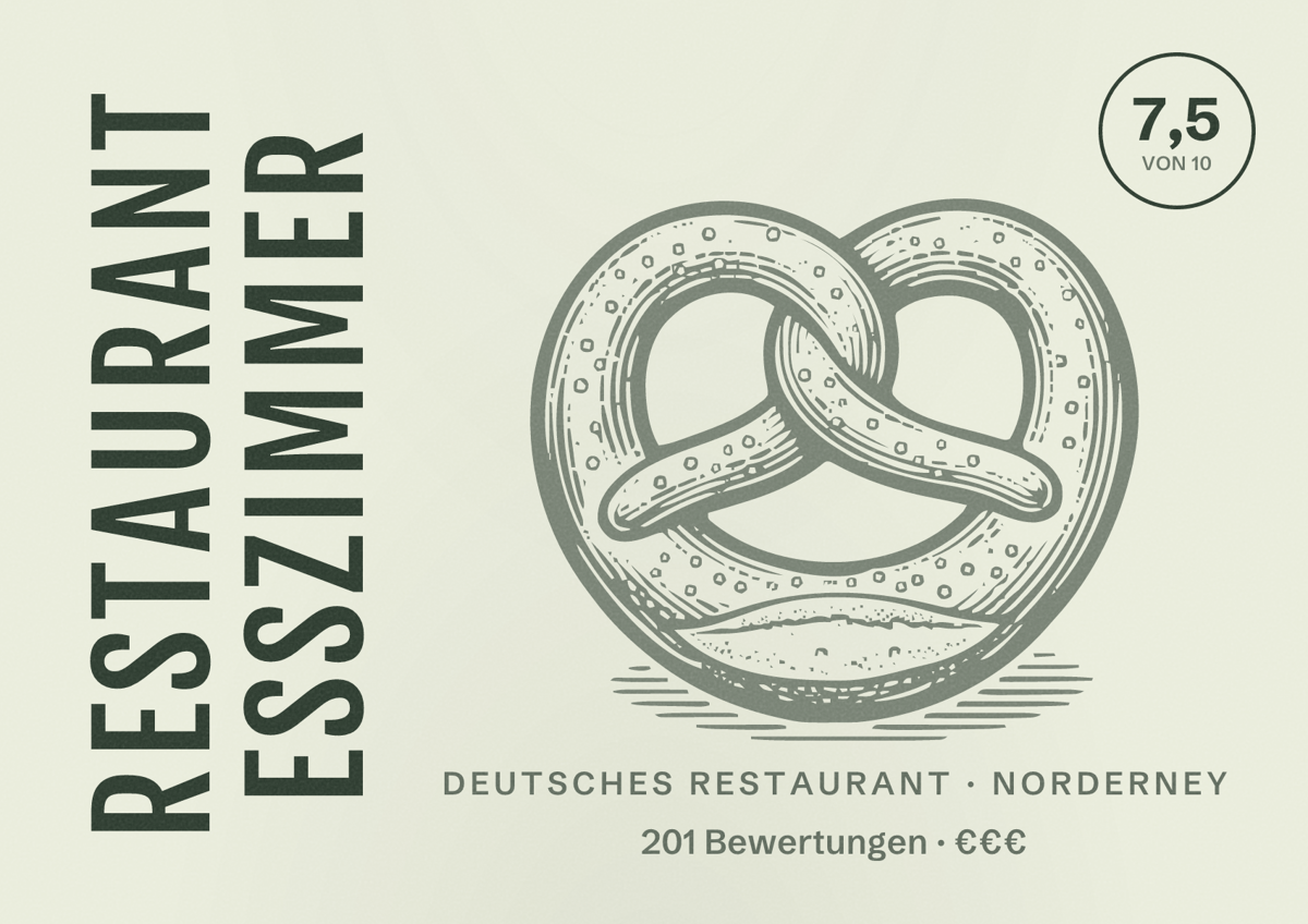 Illustriertes Poster von Restaurant Esszimmer, Deutsches Restaurant in Norderney: Bewertung 7,5 von 10 aus 201 Bewertungen, Preisniveau €€€