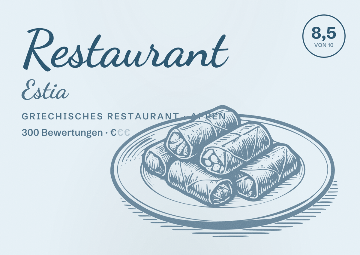 Illustriertes Poster von Restaurant Estia, Griechisches Restaurant in Appen: Bewertung 8,5 von 10 aus 300 Bewertungen, Preisniveau €