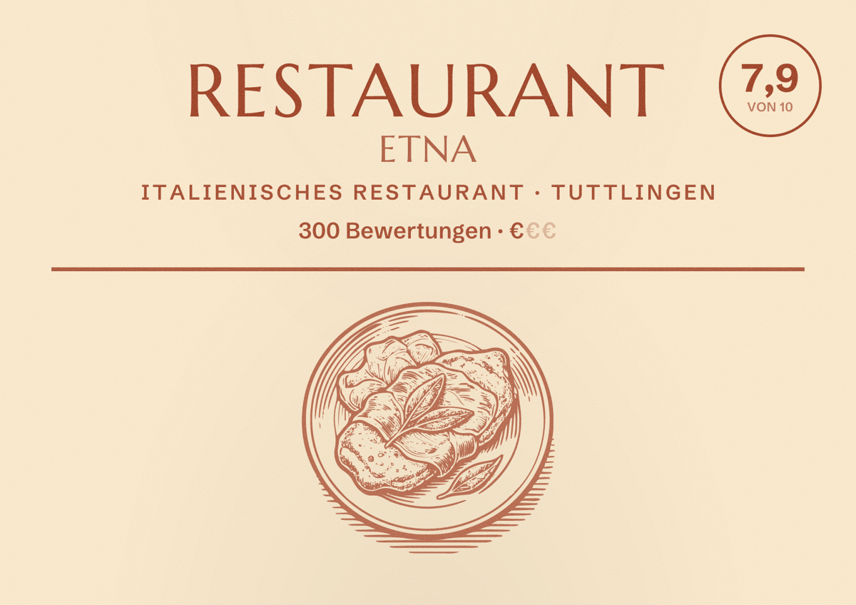 Illustriertes Poster von Restaurant Etna, Italienisches Restaurant in Tuttlingen: Bewertung 7,9 von 10 aus 300 Bewertungen, Preisniveau €