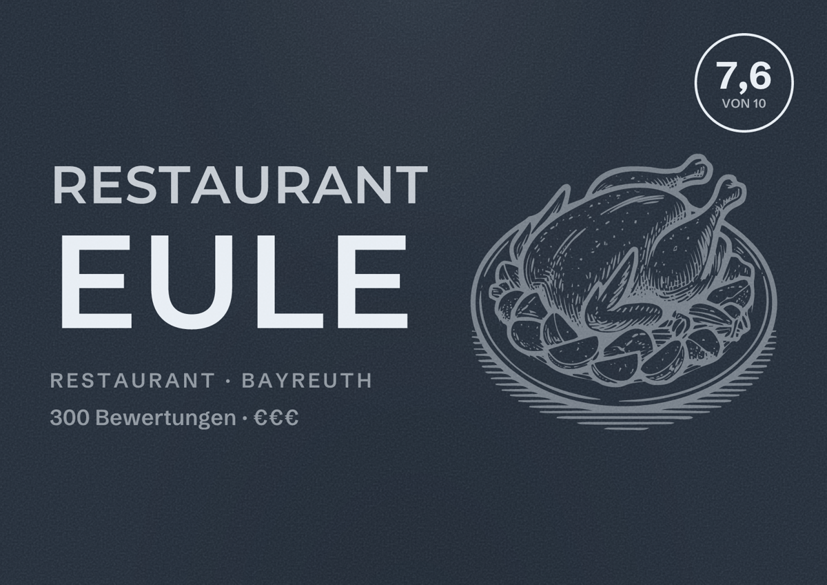 Illustriertes Poster von Restaurant Eule, Restaurant in Bayreuth: Bewertung 7,6 von 10 aus 300 Bewertungen, Preisniveau €€€