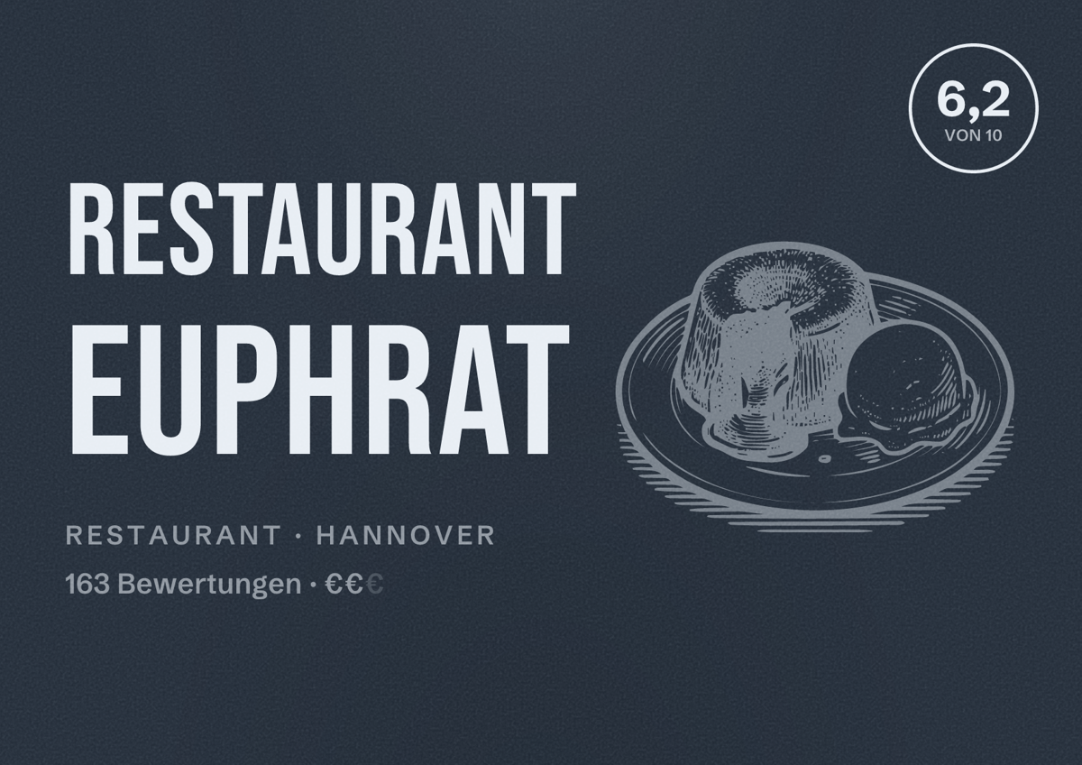 Illustriertes Poster von Restaurant Euphrat, Restaurant in Hannover: Bewertung 6,2 von 10 aus 163 Bewertungen, Preisniveau €€