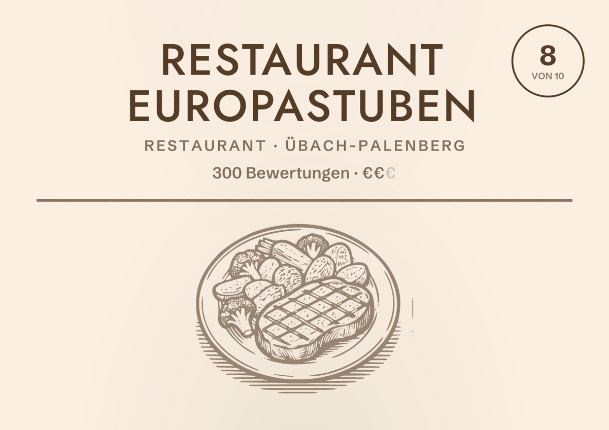 Illustriertes Poster von Restaurant Europastuben, Restaurant in Übach-Palenberg: Bewertung 8 von 10 aus 300 Bewertungen, Preisniveau €€