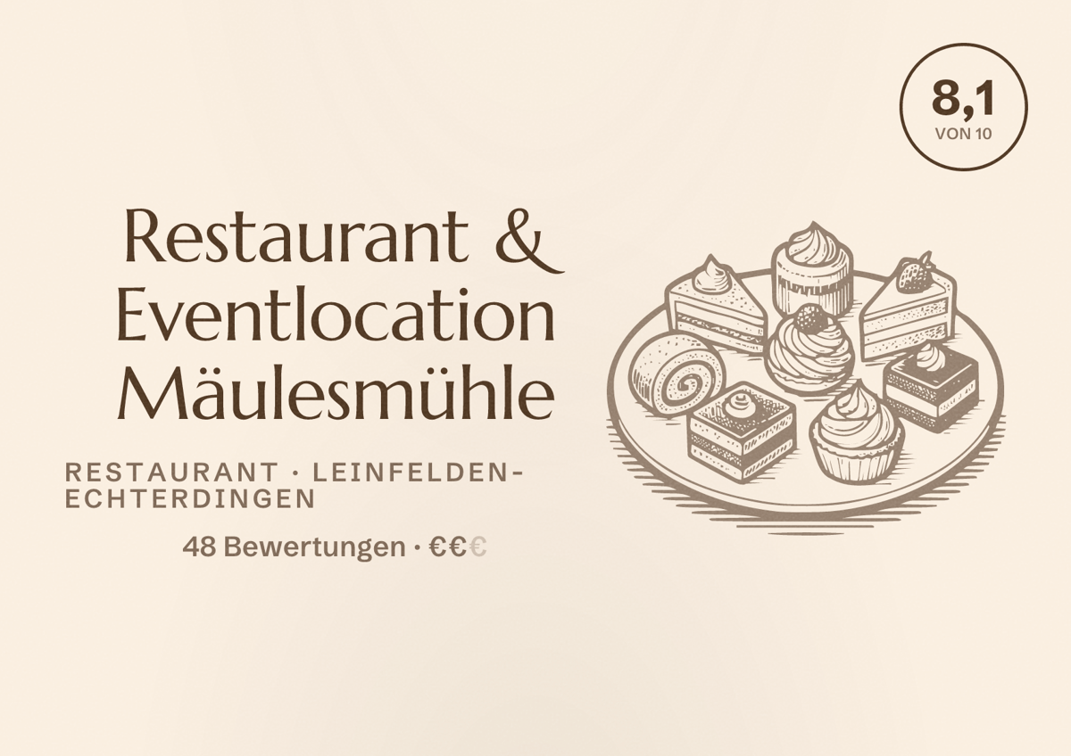 Illustriertes Poster von Restaurant & Eventlocation Mäulesmühle, Restaurant in Leinfelden-Echterdingen: Bewertung 8,1 von 10 aus 48 Bewertungen, Preisniveau €€