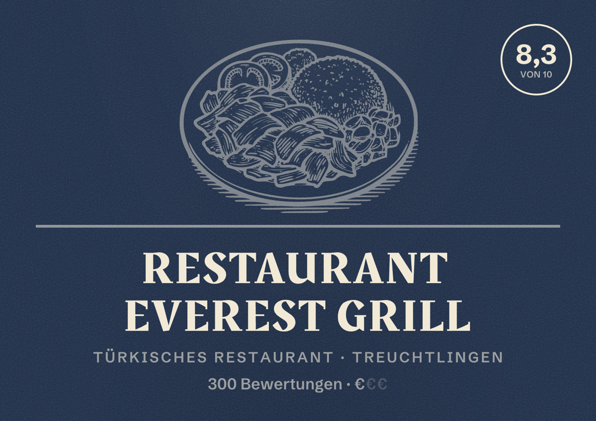 Illustriertes Poster von Restaurant Everest Grill, Türkisches Restaurant in Treuchtlingen: Bewertung 8,3 von 10 aus 300 Bewertungen, Preisniveau €