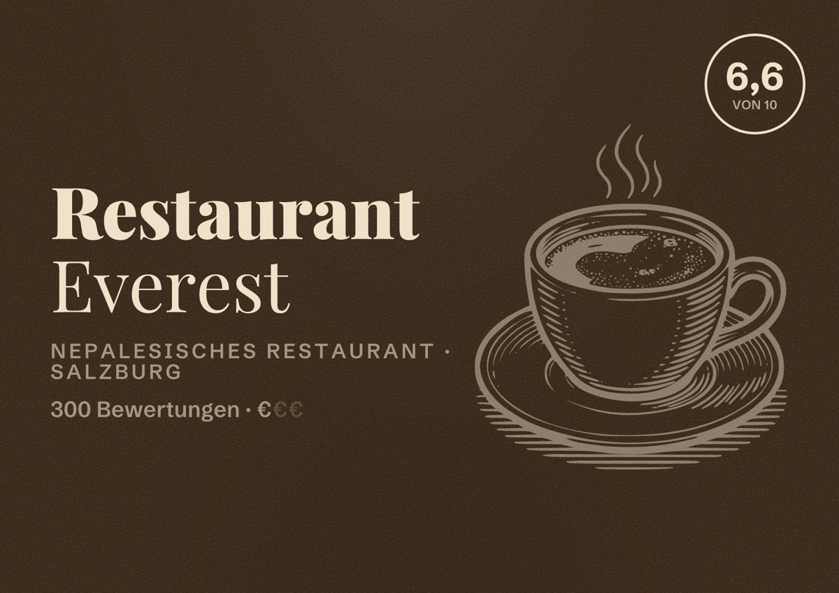 Illustriertes Poster von Restaurant Everest, Nepalesisches Restaurant in Salzburg: Bewertung 6,6 von 10 aus 300 Bewertungen, Preisniveau €