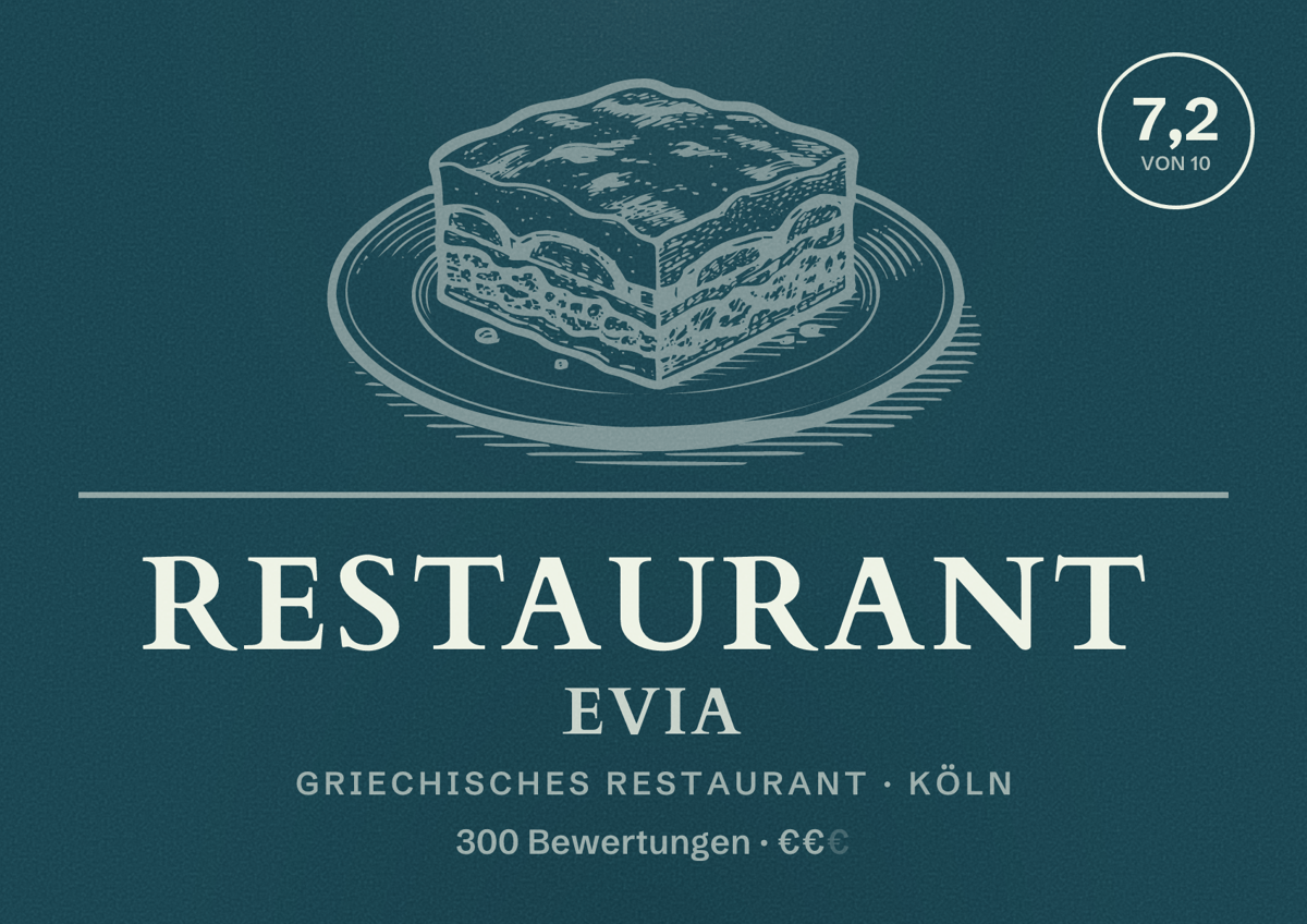 Illustriertes Poster von Restaurant Evia, Griechisches Restaurant in Köln: Bewertung 7,2 von 10 aus 300 Bewertungen, Preisniveau €€