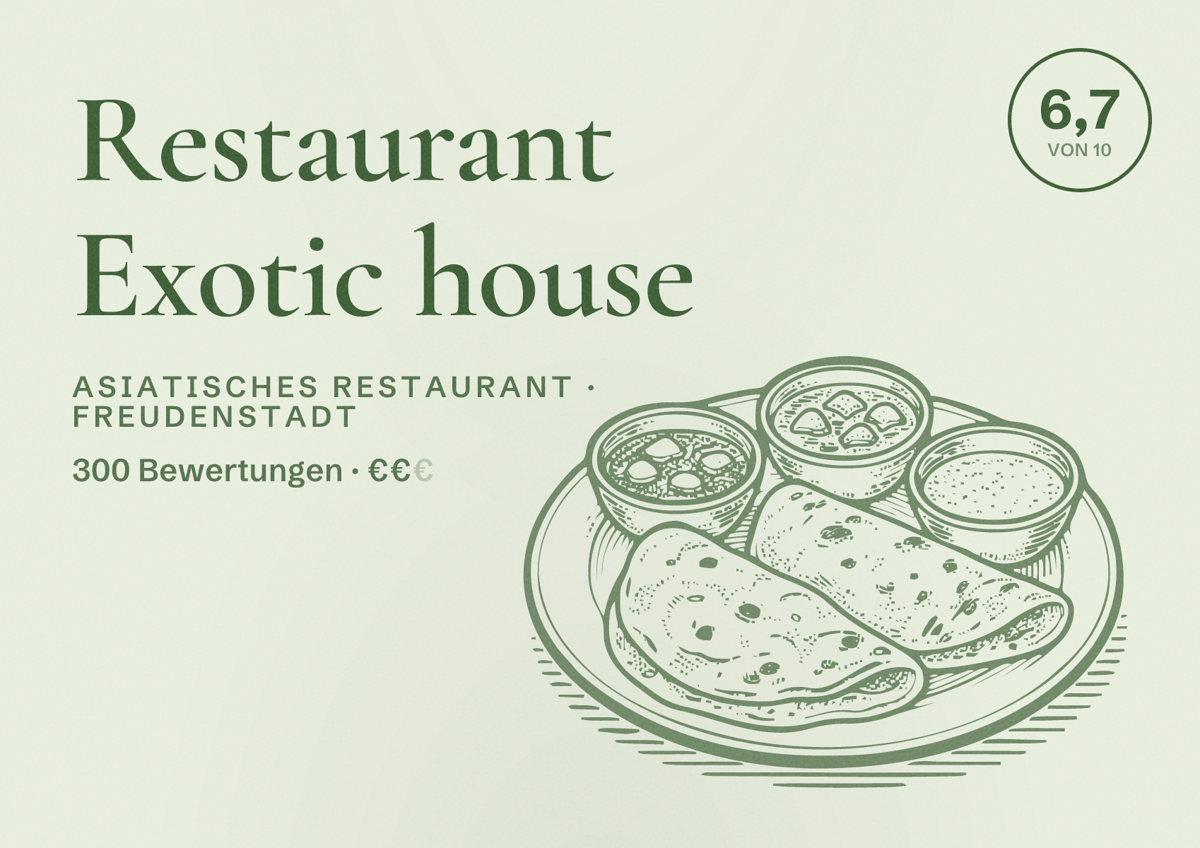 Illustriertes Poster von Restaurant Exotic house, Asiatisches Restaurant in Freudenstadt: Bewertung 6,7 von 10 aus 300 Bewertungen, Preisniveau €€