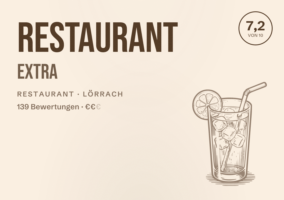 Illustriertes Poster von Restaurant EXTRA, Restaurant in Lörrach: Bewertung 7,2 von 10 aus 139 Bewertungen, Preisniveau €€
