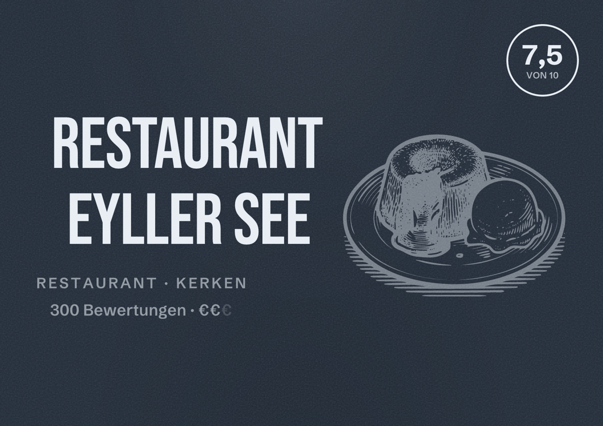 Illustriertes Poster von Restaurant Eyller See, Restaurant in Kerken: Bewertung 7,5 von 10 aus 300 Bewertungen, Preisniveau €€