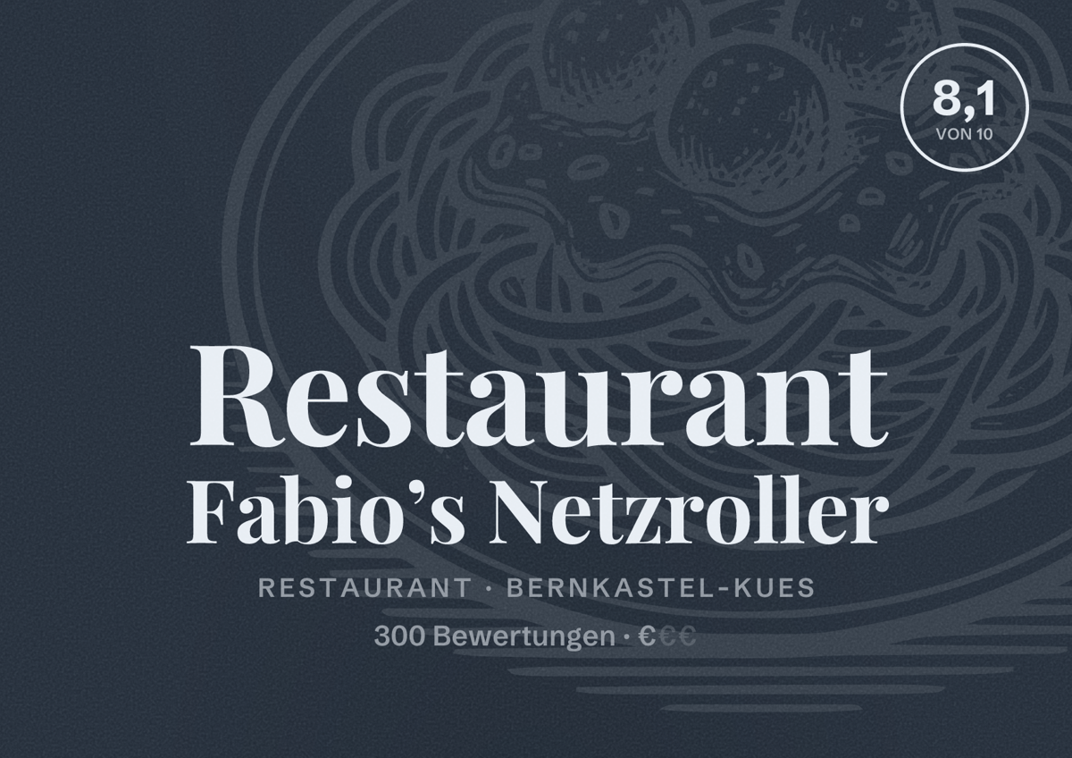 Illustriertes Poster von Restaurant Fabio’s Netzroller, Restaurant in Bernkastel-Kues: Bewertung 8,1 von 10 aus 300 Bewertungen, Preisniveau €