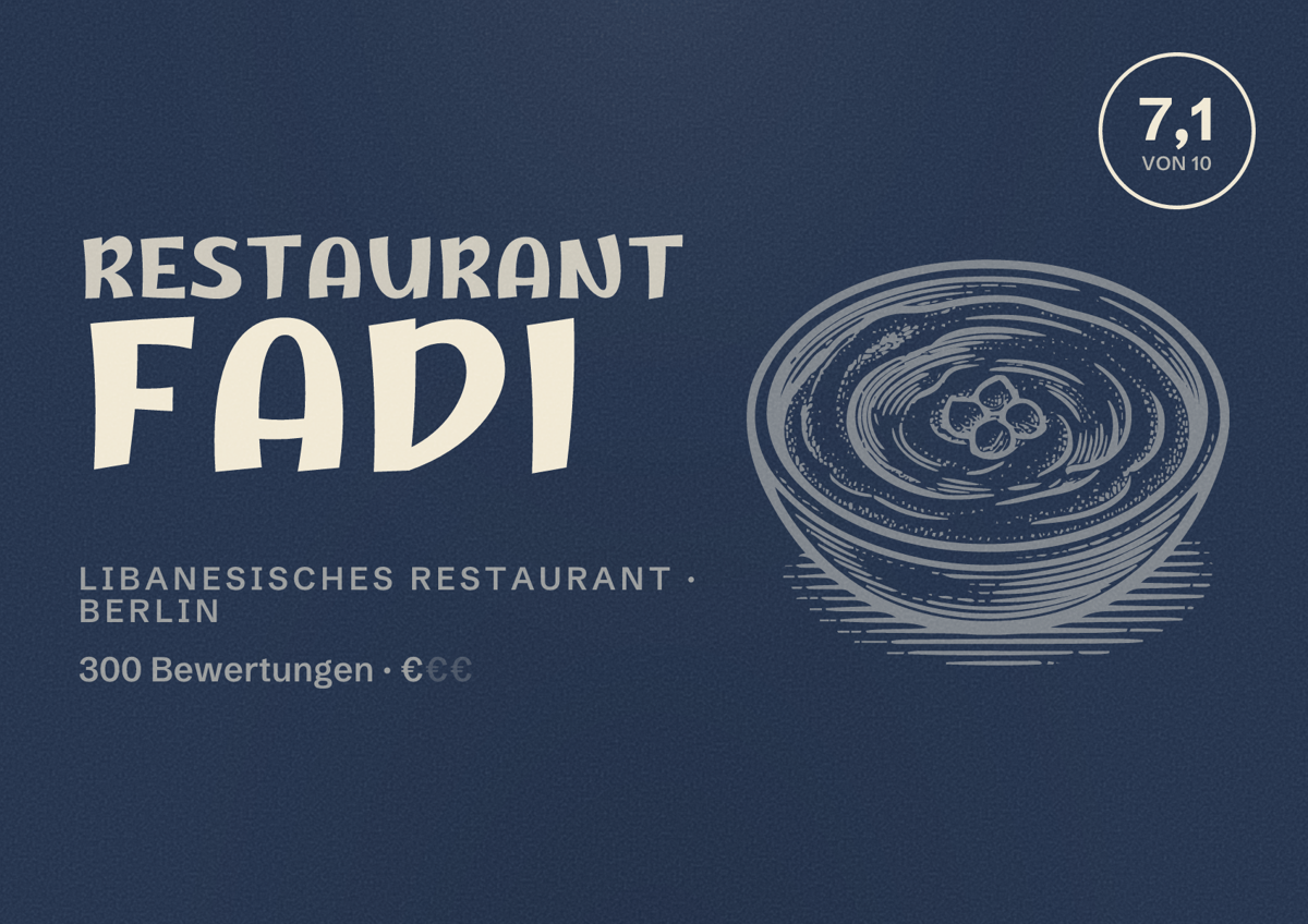 Illustriertes Poster von Restaurant Fadi, Libanesisches Restaurant in Berlin: Bewertung 7,1 von 10 aus 300 Bewertungen, Preisniveau €