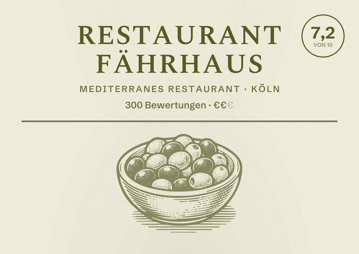 Illustriertes Poster von Restaurant Fährhaus, Mediterranes Restaurant in Köln: Bewertung 7,2 von 10 aus 300 Bewertungen, Preisniveau €€