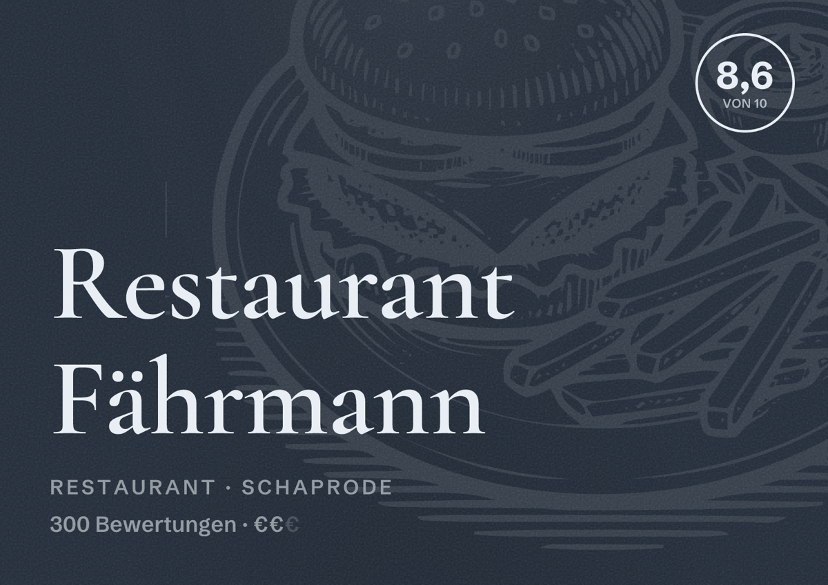 Illustriertes Poster von Restaurant Fährmann, Restaurant in Schaprode: Bewertung 8,6 von 10 aus 300 Bewertungen, Preisniveau €€