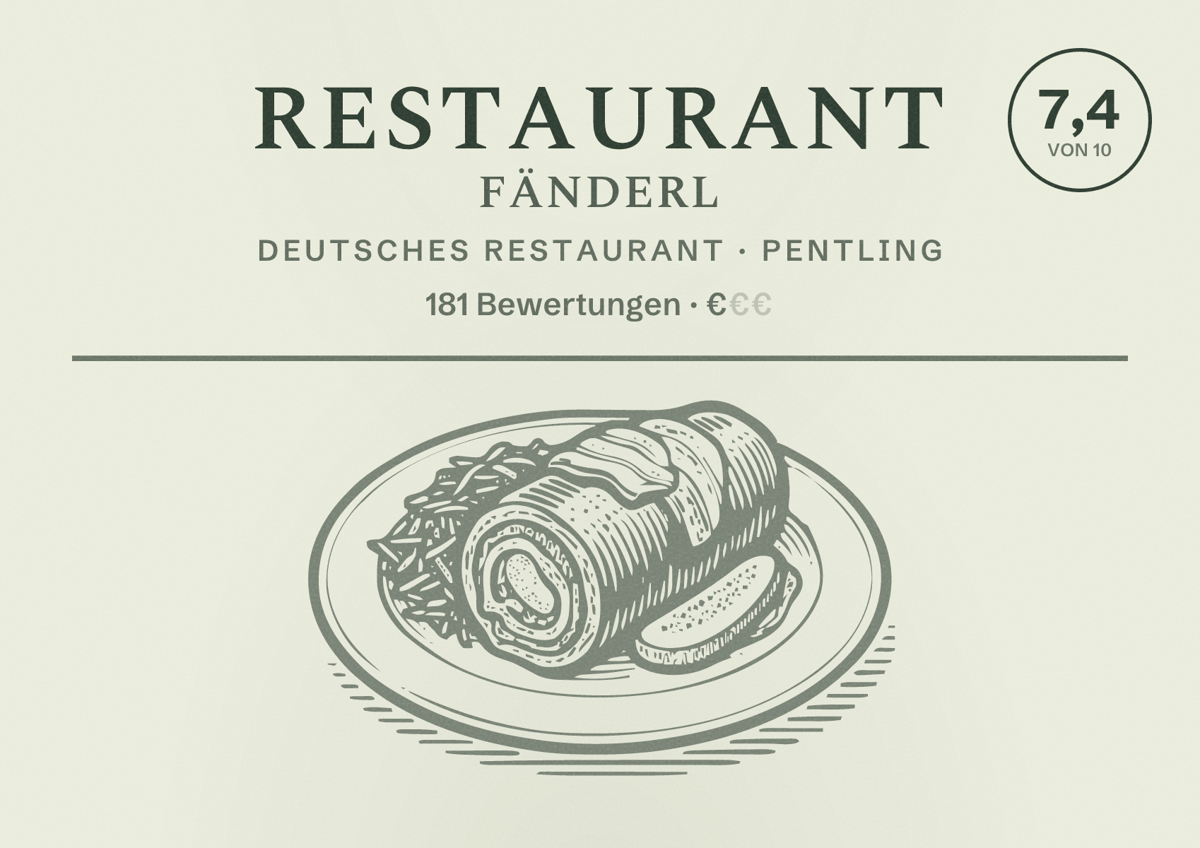 Illustriertes Poster von Restaurant Fänderl, Deutsches Restaurant in Pentling: Bewertung 7,4 von 10 aus 181 Bewertungen, Preisniveau €
